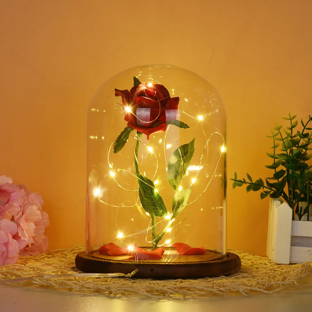 

Romantic Red Rose Glass Wooden Base Ornaments Festival Landscape Micro World Wood Tray Base Display Figurine Home Decor Prop 26
