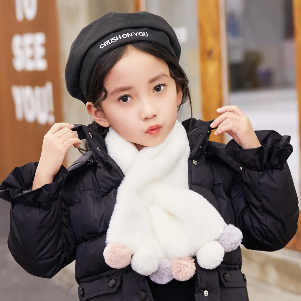 Зимний милый детский шарф, шарфы для мальчиков и девочек, детский шарф с воротником из искусственного меха кролика с помпоном, теплые шарфы