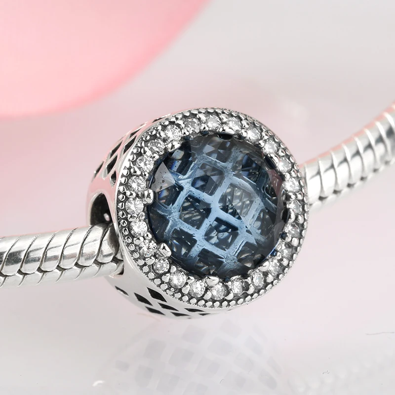 BAMOER S925 Sterling silver Charm Moonlight night /& Blue CZ For bracelet Jewelry