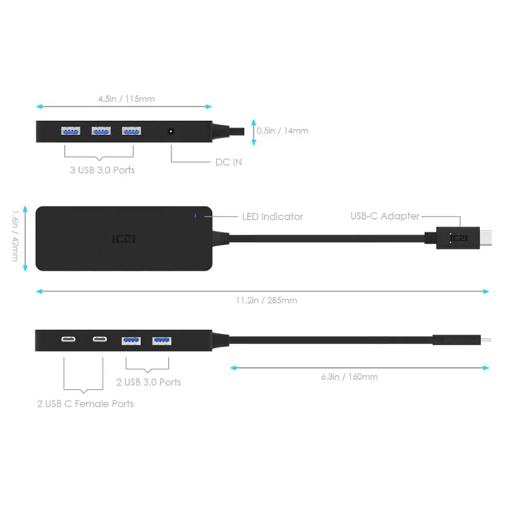 ICZI 7 в 1 USB C HUB type C к USB 3,0 type-C переходник для передачи данных с блоком питания для Macbook Air Macbook Pro