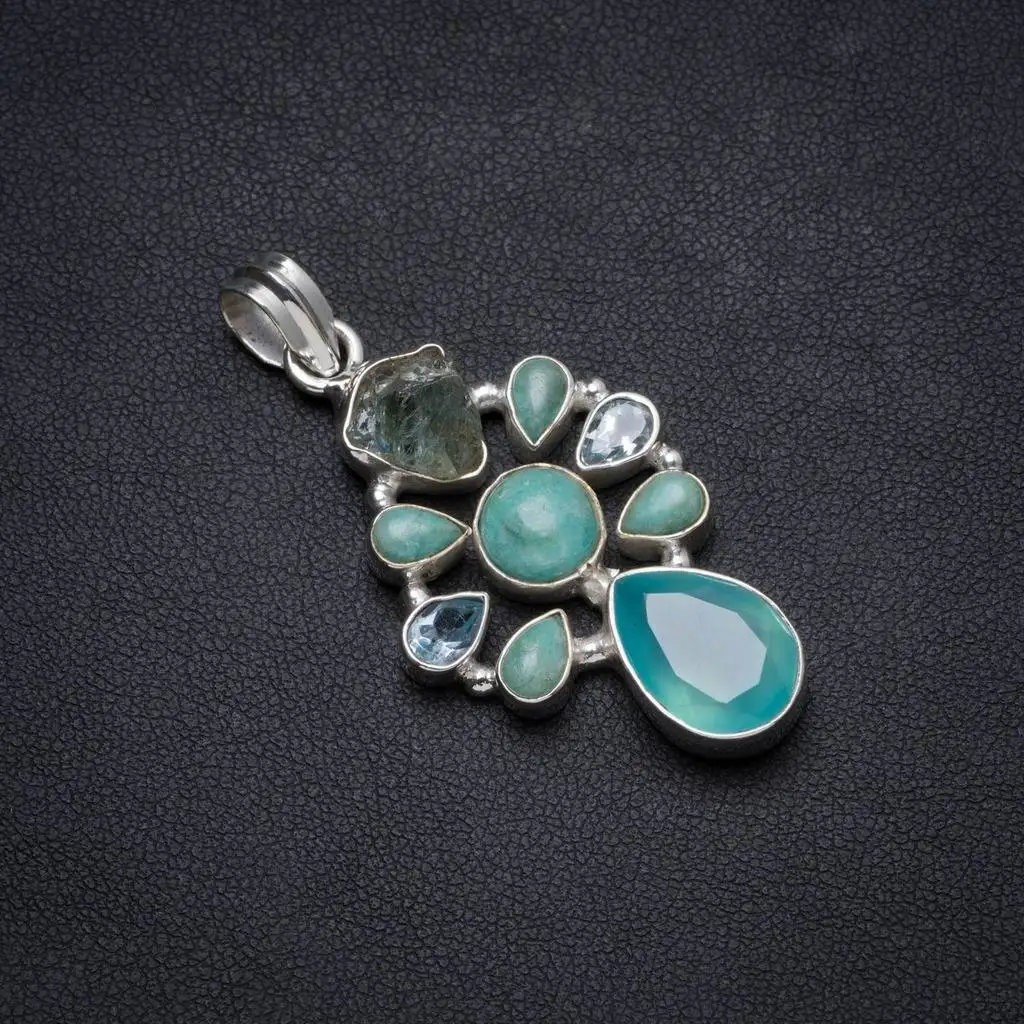 

Natural Chalcedony,Amazonite,Crystal andBlue Topaz Unique 925 Sterling Silver Pendant 2" X0656