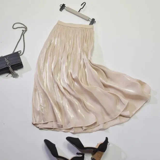 Летние Для женщин плиссированная длинная юбка с эластичной резинкой на талии, жемчужный блеск шелковистые женские длинные сапоги выше колена юбка-зонтик E093 - Цвет: light yellow