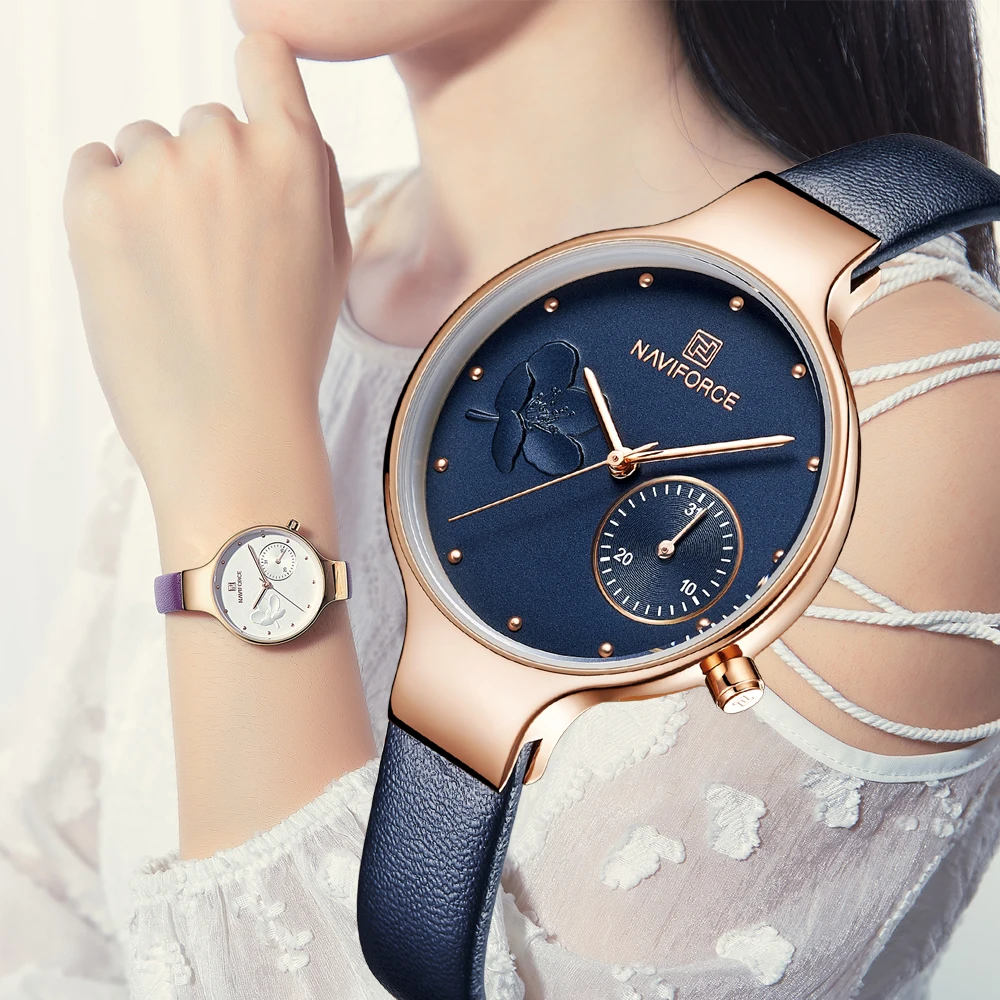 

NAVIFORCE Luxury Brand Fashion Women Watches Ladies Dress Simple Clock Blue Leather Quartz Watch relogio feminino New Year gift