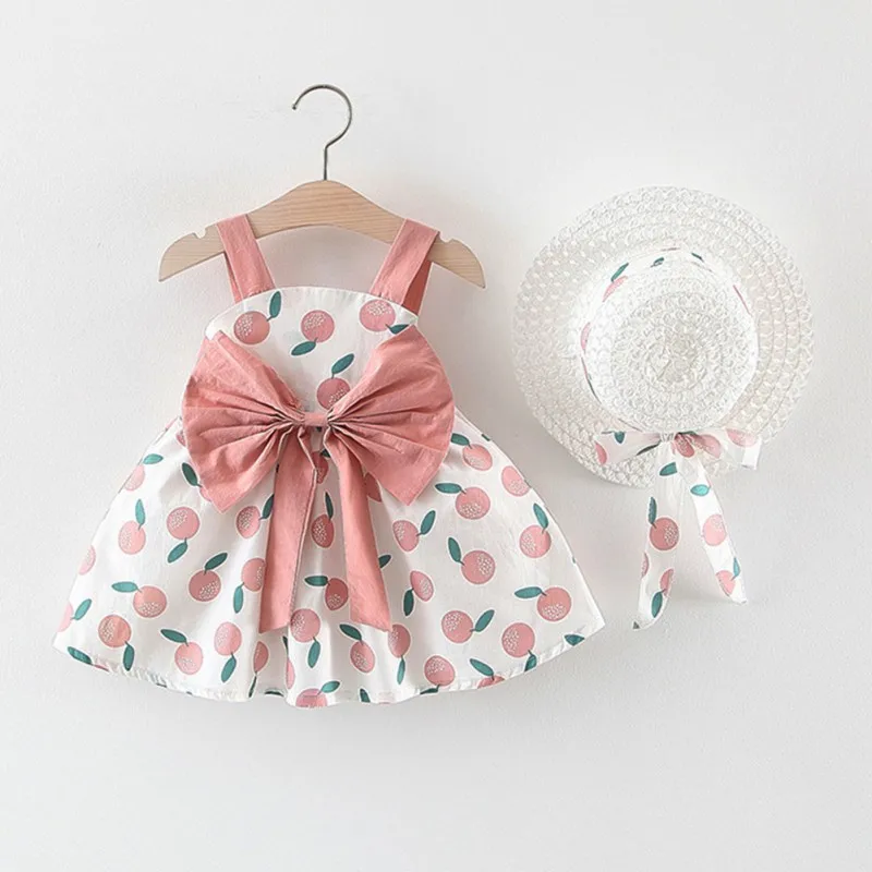 

Summer Baby Girl Dress Big Bow Sleeveless Princess Dress With Hat 2pcs Baby Girl Clothes Set A-Line Infant Baby Dress Vestidos