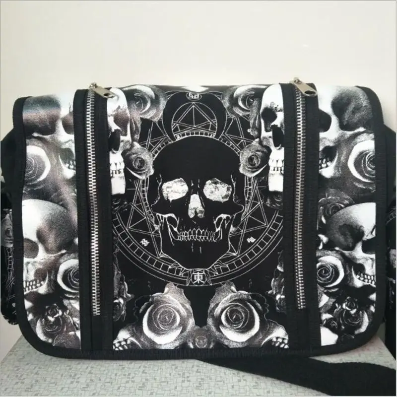 

Men Women Unisex Mica Skulls Roses Black & White Illuminati Gothic Waterproof Shoulder Cross Messenger School Work Bag