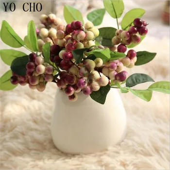 YO CHO Christmas berries Artificial Flowers Wedding Decoration Fake Eustoma Fleurs Christmas Plants Home Room Plastic Beans