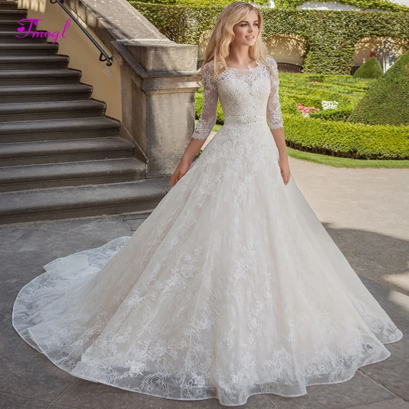 

Fmogl Appliques Scoop Neck Lace A-Line Wedding Dresses 2020 Luxury Crystal Sashes Beaded Princess Bridal Dress Vestido de Noiva