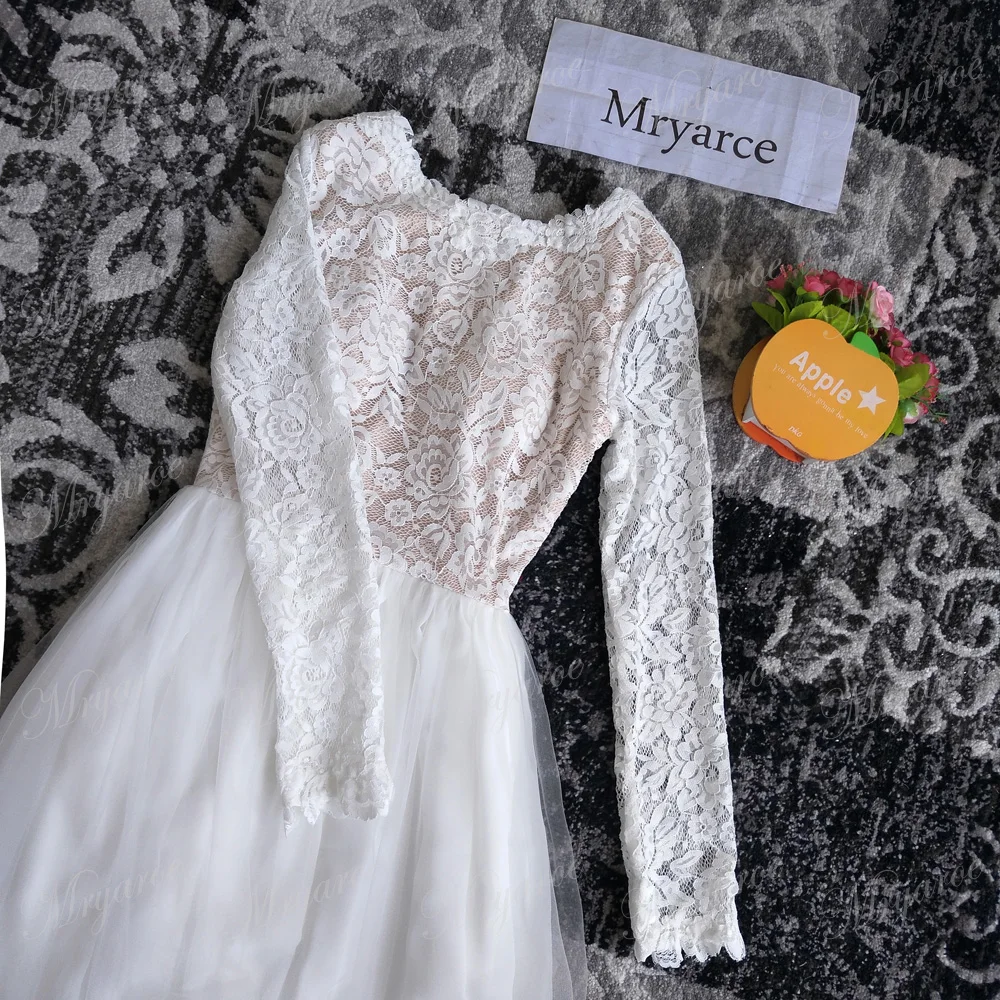 Mryarce Sretchy Lace Sleeves Wedding Dress Open Back Chiffon Tulle A Line Outdoor Garden Wedding Bridal Gowns  (1)
