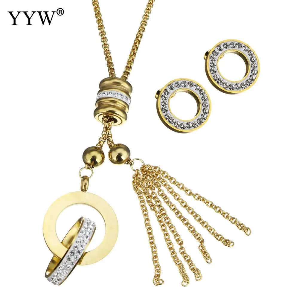 Fashion Stainless Steel Jewelry Set Gold Color Necklace Earrings with Rhinestone for Women