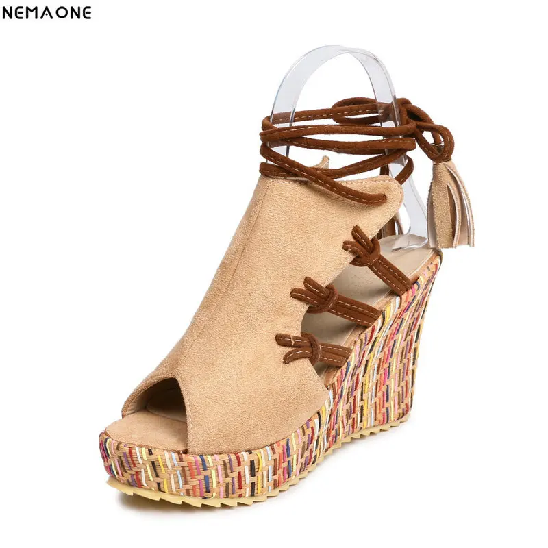 NEMAONE New Wedge Sandals Women Summer lace up High Heels Ladies party dress Shoes orange blue beige