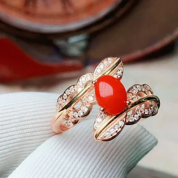 

Fidelity Natural 5*7mm precious coral Rings s925 sterling silver feather fine Jewelry for women party Natural red gemstone