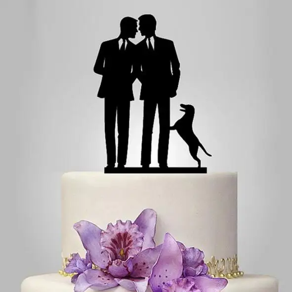 

Free Shipping Gay Silhouette Acrylic Wedding Cake Topper Mr & Mr Cake Topper with Pet Dog Lovely Gay Acrylic Cake Topper