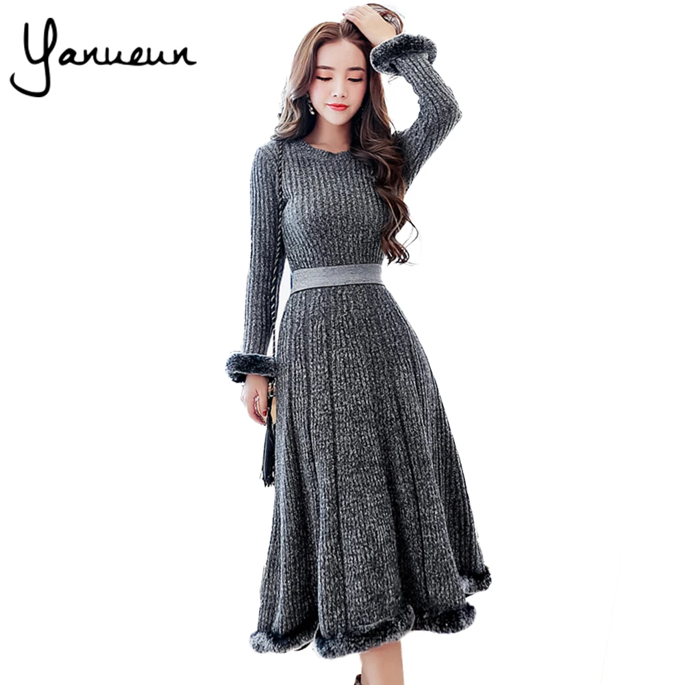 Yanueun Coreano Vestidos de Moda de Nova Camisola Das Mulheres Outono Inverno Manga Comprida de Malha Grossa de Alta Elástico Preto Quente 2 Peça Set