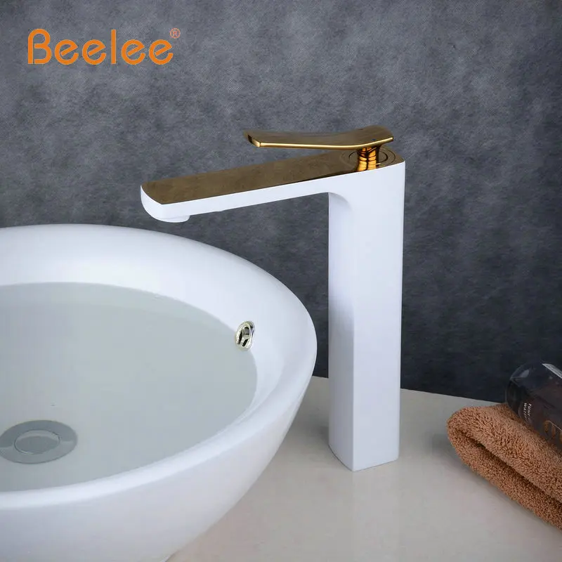 Beelee جديد وصول الحمام صنبور حوض خلاط Torneira Tapware الغرور حوض صنبور الأبيض خبز صنبور مع الذهبي إنهاء الساخن و الماء البارد