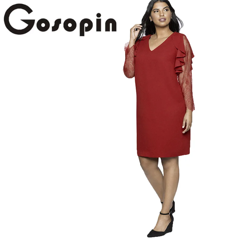 Gosopin Lace Plus Size Shift Ladies Dress Ruffle Trim Long Sleeve Sexy Women Knee-Length Party Elegant Office 610522 | Женская одежда