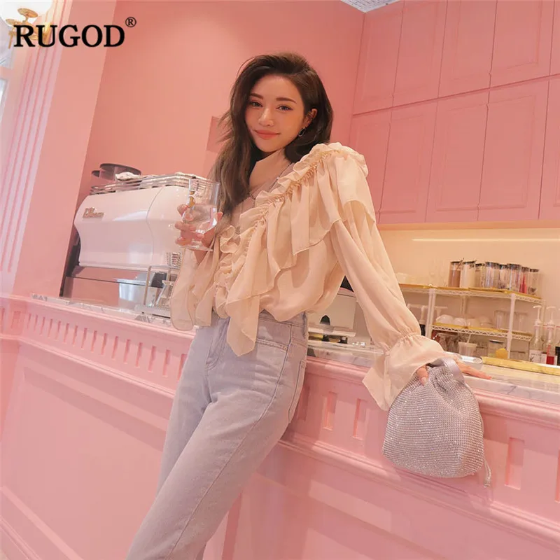 Женская шифоновая блузка RUGOD однотонная с высоким воротником весна 2019|Блузки| |