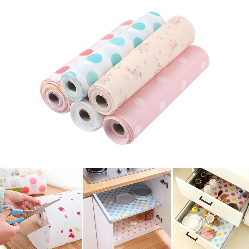 30*500CM Kitchen Drawer Paper Polka Dot Floral Strawberry Print Waterproof Oilproof Non-Adhesive Wardrobe DIY Cabinet Dining Pads Mats