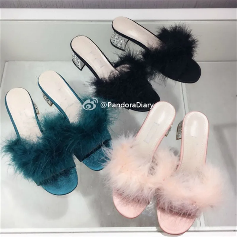 High Heels Slippers Rabbit Fur Women Slippers Summer Gladiator Sandals Ladies Crystal Heels Casual Shoes Woman Girls Pumps Slide