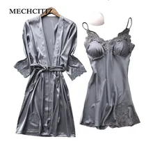 MECHCITIZ два предмета халат и платье наборы для женщин Роскошные кружева сексуальная v-образным вырезом одежда для сна женская ночная рубашка+ халат пижамы