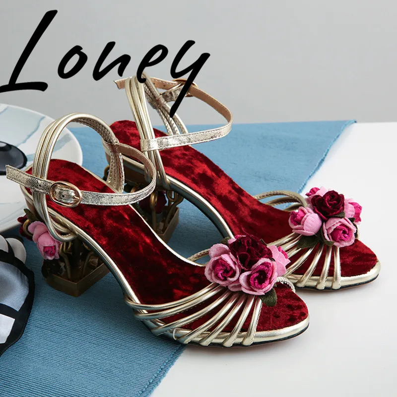 

Loney New Spring Summer Floral Narrow Band Women Sandals Sexy Open Toe Buckle Strap Women Pumps Caged Heel Sandals