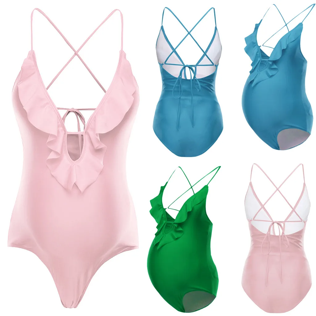 

Maternity Swimsuit Bikini Sling Backless V-neck Swimwear Swimsuit Bathing Suit Solid Low Chest Adjustable Pregnant Beachwear