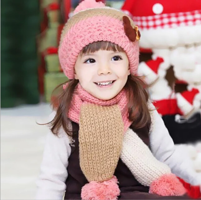 

2018 winter girl hat and scarf set children fashion crochet bonnet pink knit beanie hat snow cap ear protection thick warm scarf