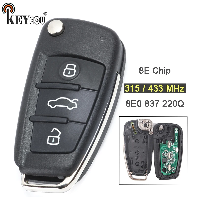 

KEYECU 315/ 433MHz 8E Chip P/N: 8E0 837 220Q Upgraded Flip Folding 3 Button Remote Car Key Fob for Audi A6L 8E0837220Q