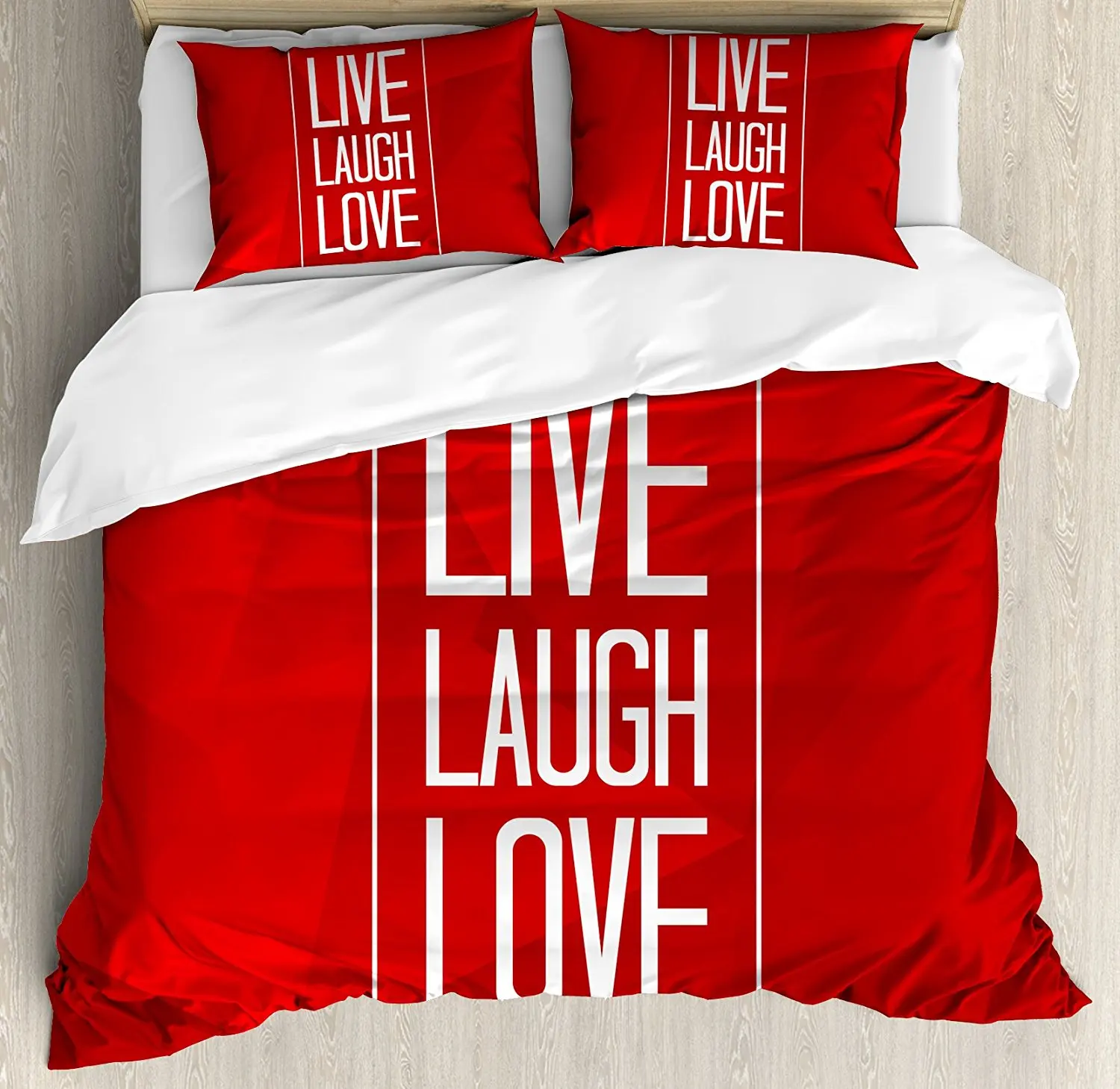

Live Laugh Love Duvet Cover Set Abstract Triangular Polygonal Background with a Quote in Rectangular Frame 4 Piece Bedding Set