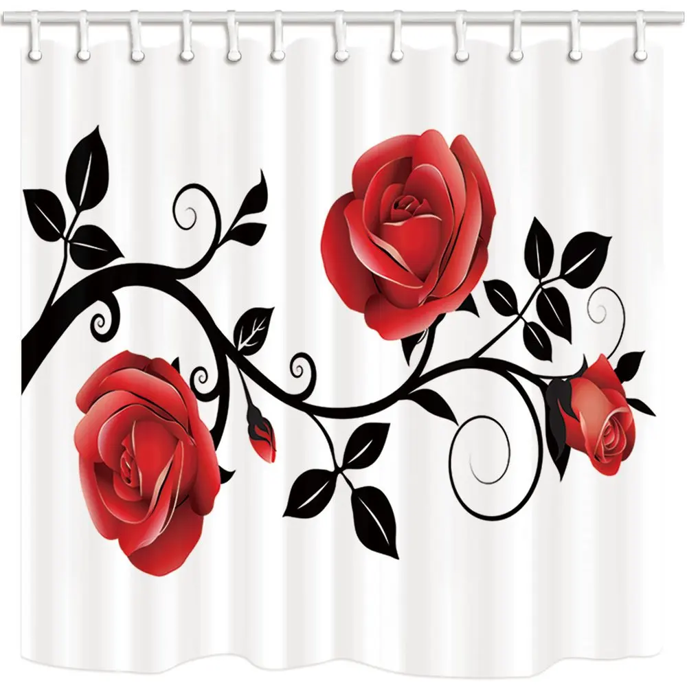 Flower Shower Curtain Simple Style Red Rose Black Branch White