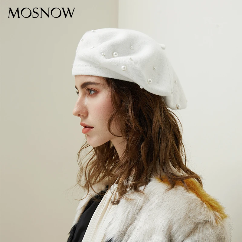 Cena Kobiety berety perłowa dekoracja kapelusz kobieta sierść królika czapki z dzianiny 2019 nowy marka zima Beret pani malarz kapelusiki dziecięce hurtownia