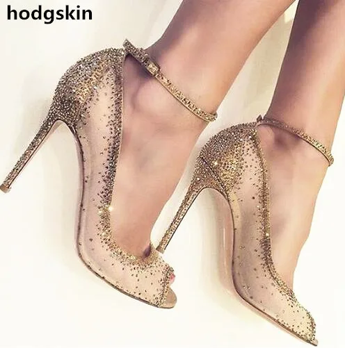 

2019 Open Toe Gold Bling Bling Diamond Lace Women Pumps Gold Crystal Ankle Strap High Heels Rhinestone Wedding Shoes Woman