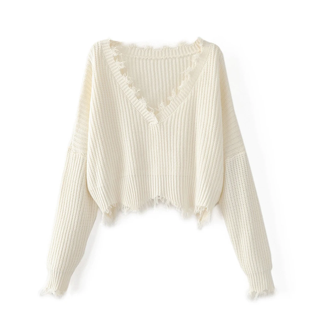Осенне-зимний женский свитер с v-образным вырезом, однотонный теплый свитер большого размера с длинным рукавом, Повседневный пуловер, свободные вязаные свитера с кисточками - Цвет: Белый
