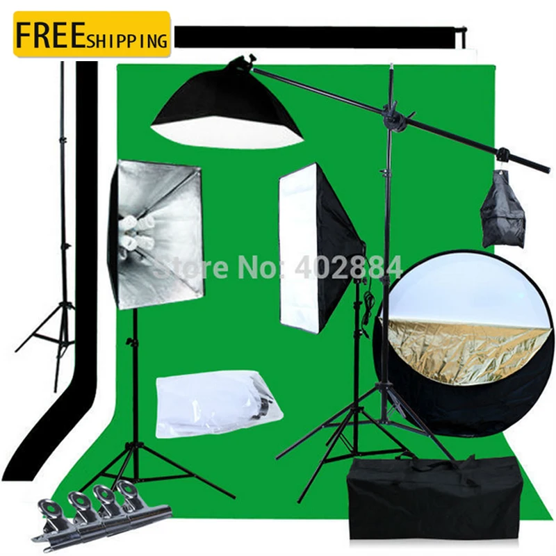 

Photo Studio Softbox Kit 3x2M Green Black White Muslin Backdrop 2x2M Background Support 110cm Reflector 45W 220V Bulbs 9PCS