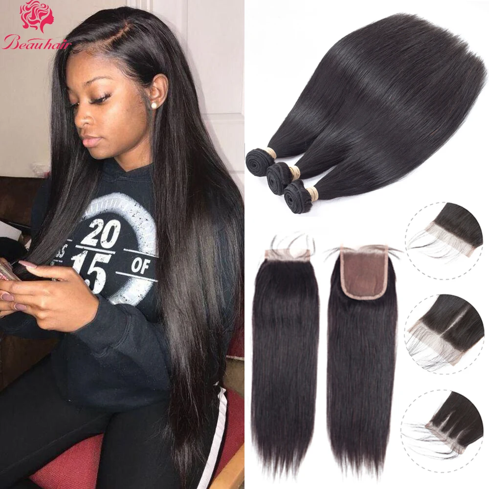 Beau Human Hair Bundles With Closure Lace Frontal Malaysia Straight Hair 2/3 Bundles With Frontal Closure 4x4 Non Remy Hair