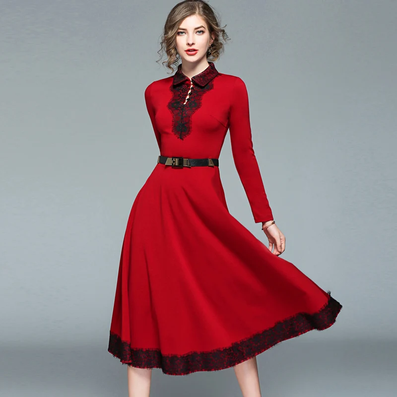 2018 spring new women Vintage Cotton lace Patchwork red dress female ...