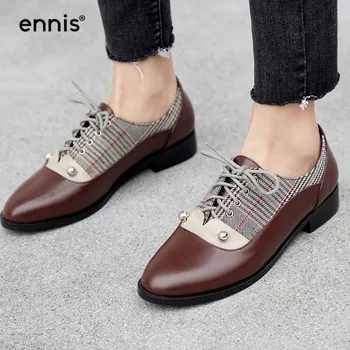 

2019 Women Flats Lace Up Oxford Gingham Casual Shoes Mixed Colors Spring Female Flat Loafers Genuine Leather Shoes Fashion C922