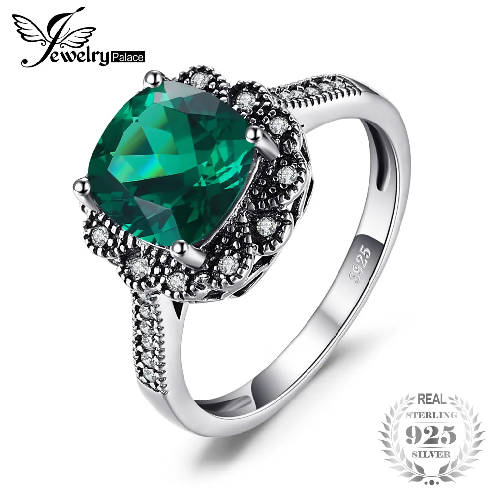 

JewelryPalace Vintage 2.2ct Square Created Emerald Promise Anniversary Ring 925 Sterling Silver Ladaies Jewelry Fine Accessories