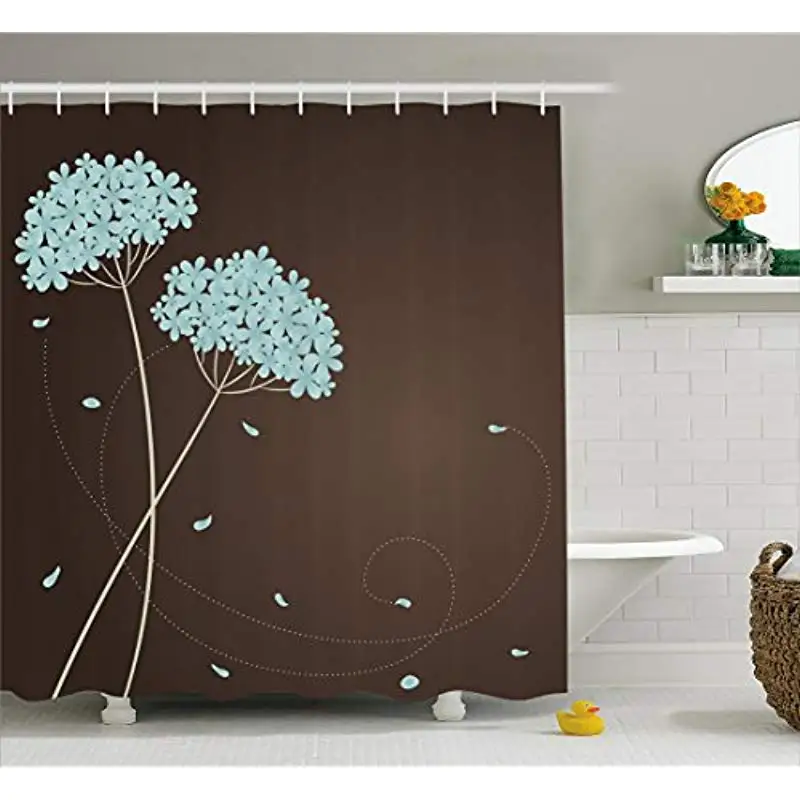 

Vixm Brown and Blue Shower Curtain Floral Design with Swirl Lines Falling Leaves Autumn Inspired Fabric Bath Curtains