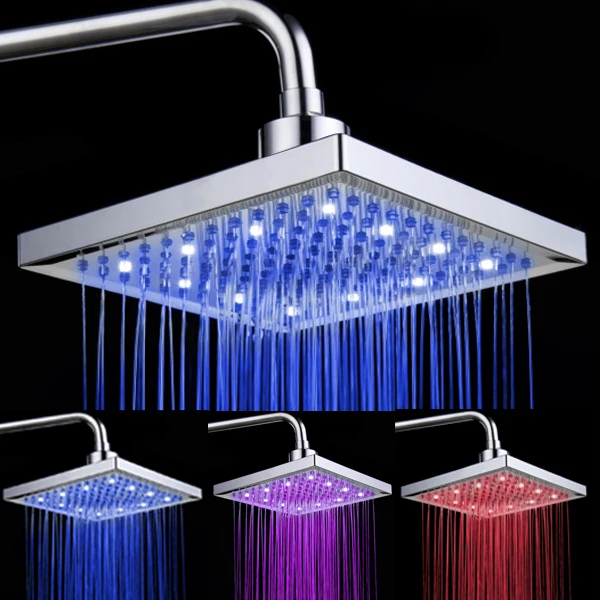 

8-inch Temperature Control 3-Color Changing LED Light Square Shaped Water Shower Head Shower Faucet Nozzle