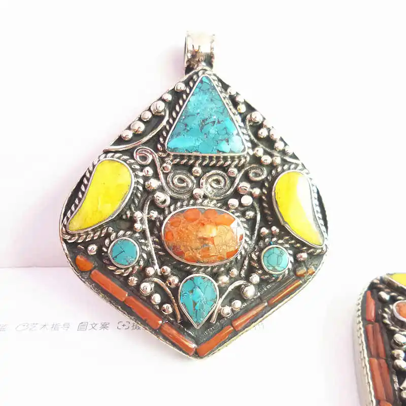 

TBP304 Nepal Indian Pendant Copper Inlaid Colorful Stone Vintage Jewelry Big Pendants for Girl