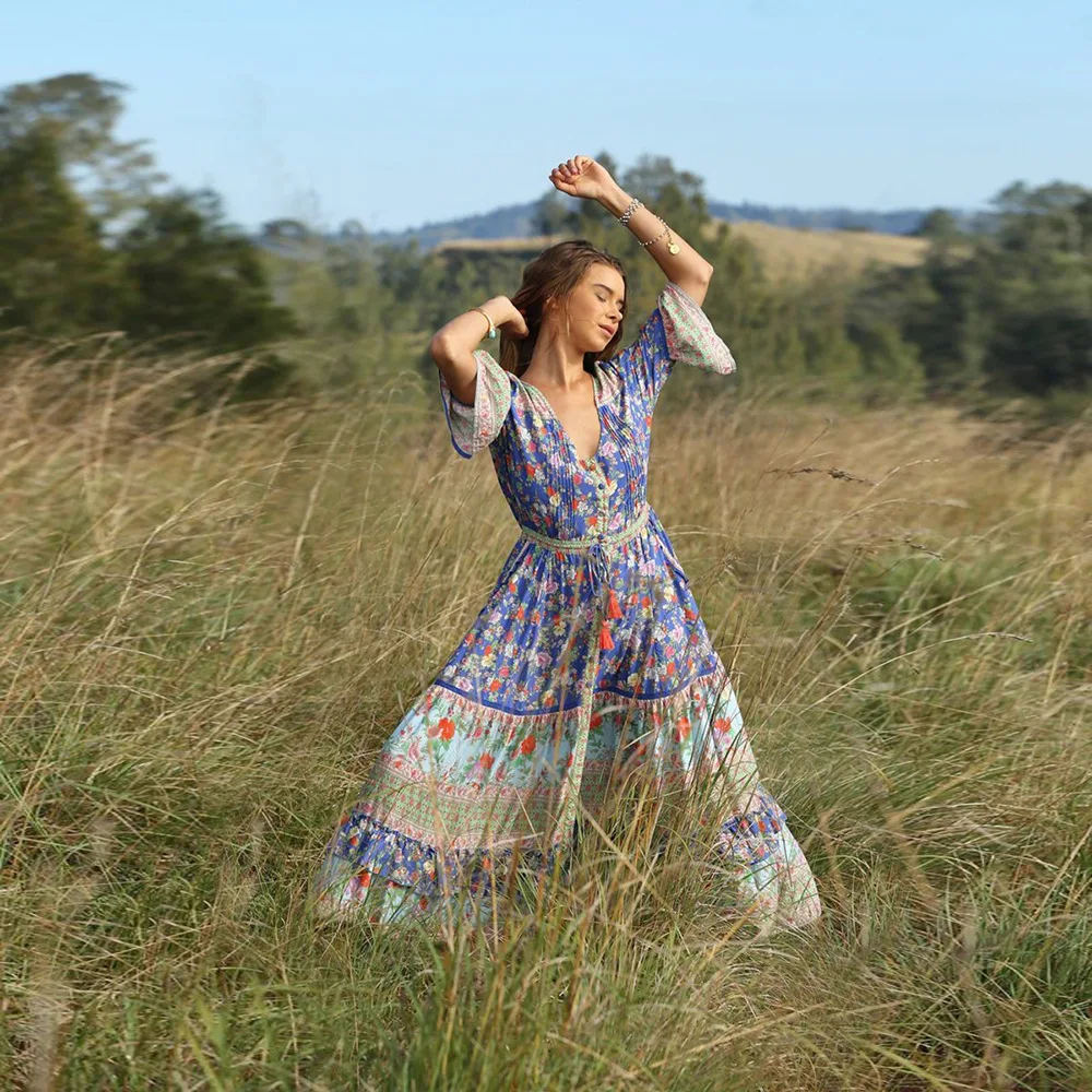 Платье в стиле Boho-Chic, Элегантное летнее женское парео, женские пляжные платья, кафтан, Saida De Praia Feminino,, богемная одежда, длинное - Цвет: Синий