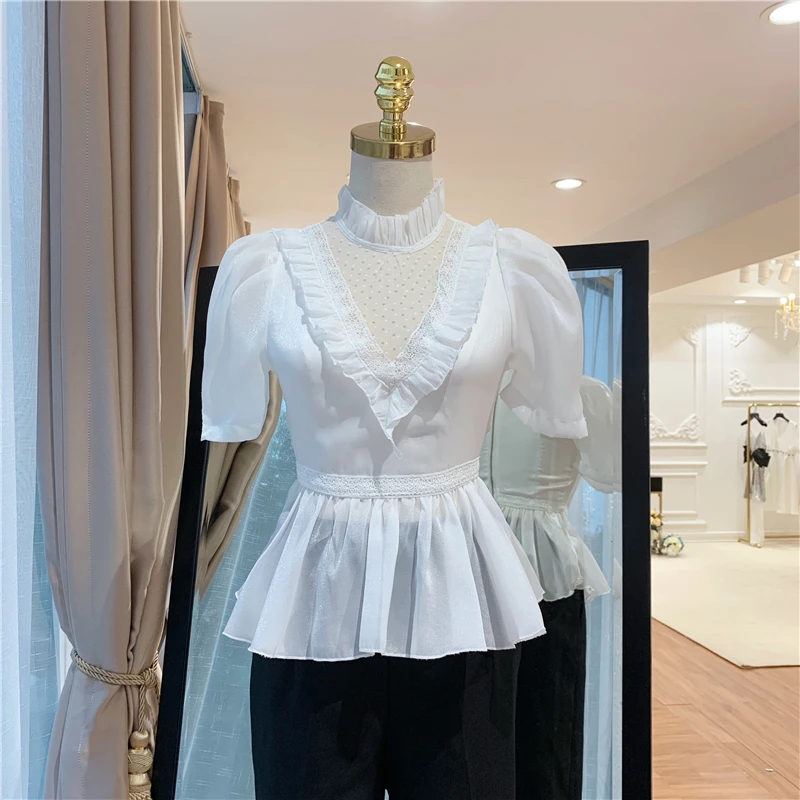 

HIGH QUALITY Newest Fashion Summer 2019 Runway Designer Shirt Women's Short Sleeve Lace Patchwork Ruffle Blouse Top