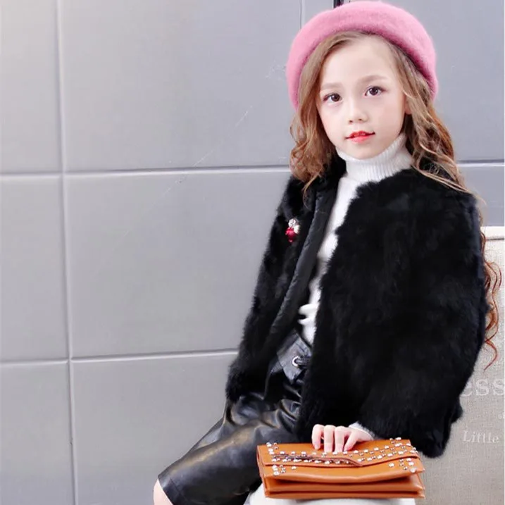 3 10Y Little Girls Natural Rabbit Fur Jackets O Neck Fur Jackets for girls Solid Fur