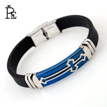 RE Silicone Stainless Steel Cross Bracelet Bangle Punk For Men Blue Gold Color Wristband Masculine Cool Jewelry meaeguet punk black gold color removable cuff stainless steel bracelet bangle wristband pulseira feminina jewelry