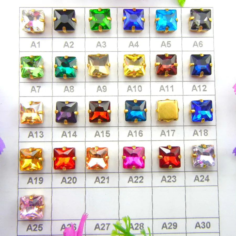 

Glass Crystal Gold claw settings 8mm 10mm 12mm nice colors mix square shape Sew on rhinestone beads wedding shoes diy trim