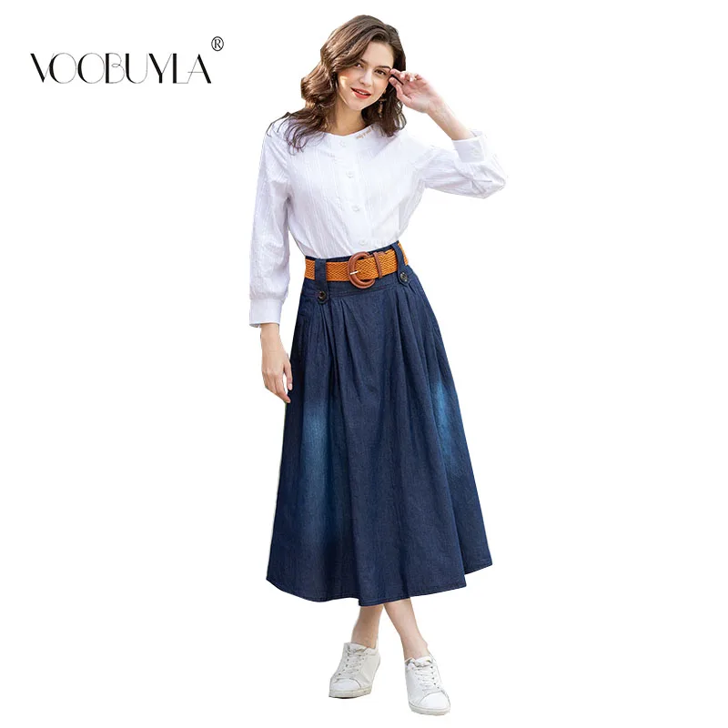 Voobuyla весна лето Модные Повседневные женские джинсовые юбки с высокой талией однобортные пуговицы карман плюс Размер 6XL миди юбка