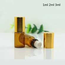 Mini flacons ambrés en verre pour huiles essentielles, 20 pièces/lot, rechargeables, avec boule métallique, bouchon doré, vente en gros