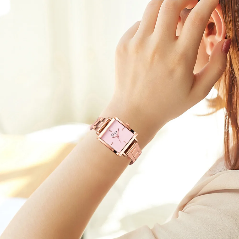 DISU высококачественные роскошные Брендовые женские наручные часы Модные металлические стальные полосы квадратный циферблат качественные женские часы Zegarek Damski# A