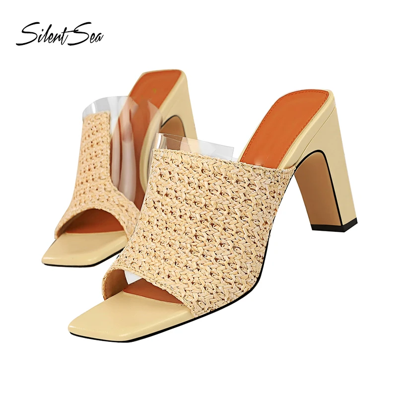 

Silentsea slippers female high knitting heels slides peep toe slip on mules large size Rome casual brand shoes for woman