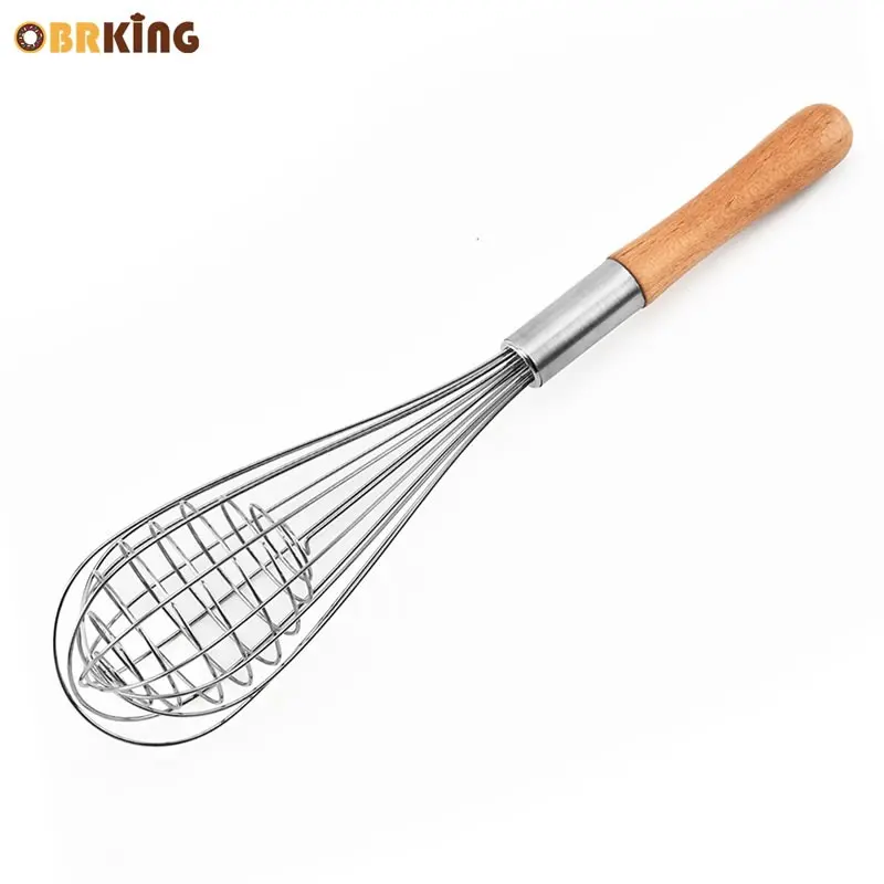 OBRKING Manual Egg Beater Whisk Stainless Steel Egg Beaters Wood Handle